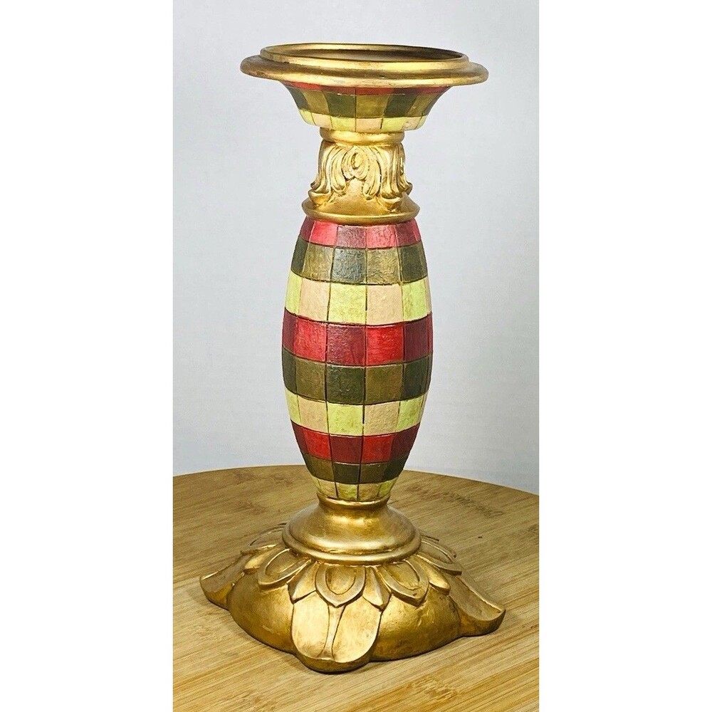 Elegant ceramic Candlestick Holder Painted Checkered Gold Red Green Cream 10”